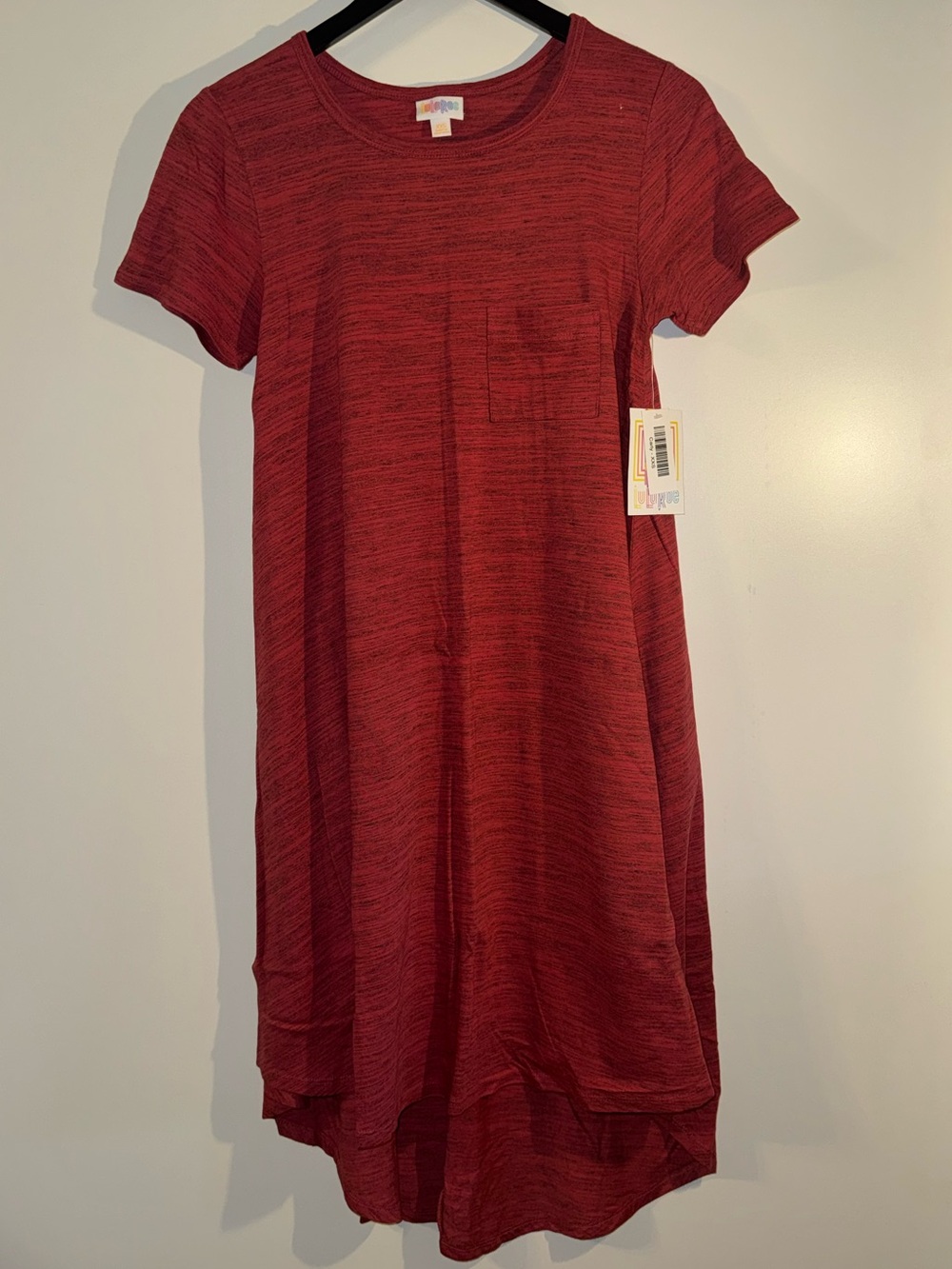 LuLaRoe Carly High-Low Short Sleeve Dress in Heathered Red